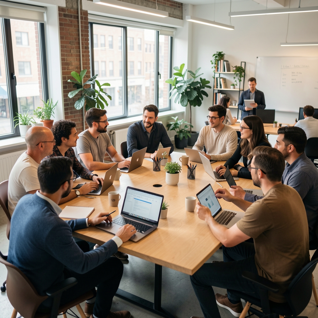 Grupo diverso de periodistas y comunicadores reunidos en un espacio de coworking moderno durante una sesión de intercambio profesional en Buenos Aires