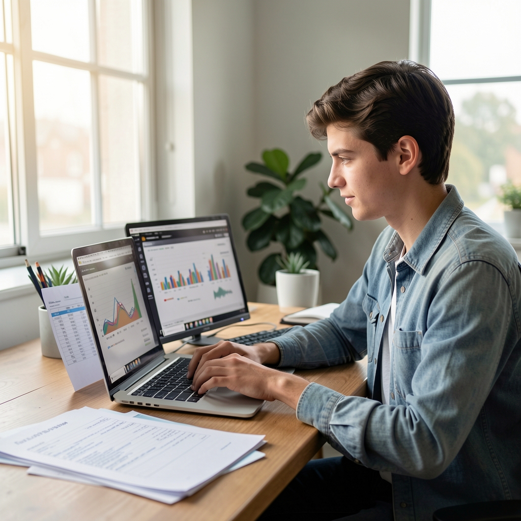 Estudiante de periodismo aprendiendo análisis de datos con Python en laptop, hojas de cálculo y visualizaciones en pantalla