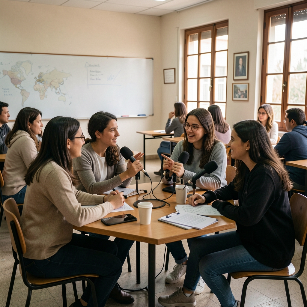 Clase de técnicas de entrevista periodística en aula universitaria argentina con estudiantes practicando entrevistas en parejas