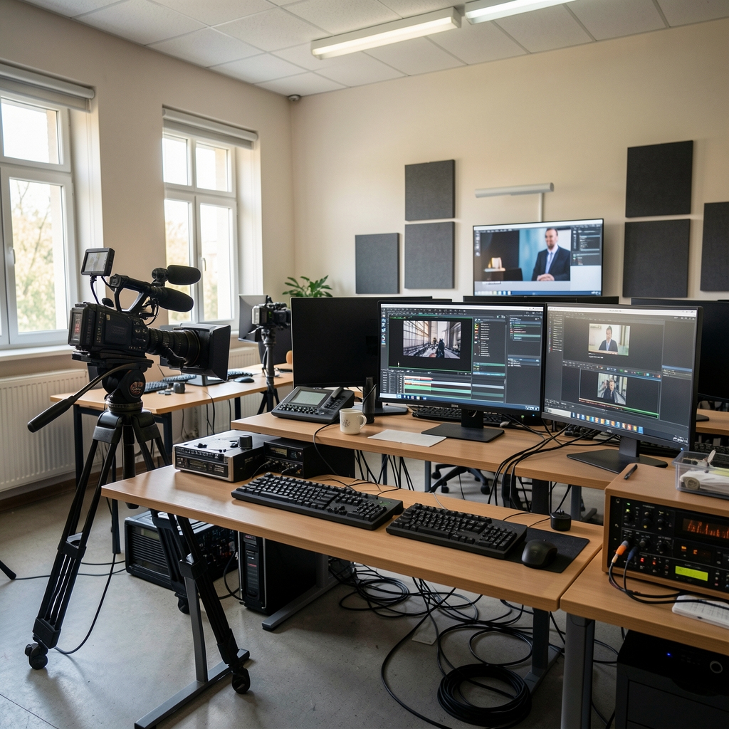 Sala de producción multimedia en escuela de periodismo con equipos de grabación, edición de video y diseño gráfico digital