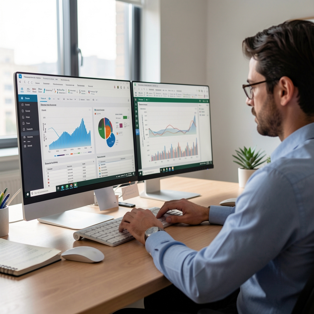Analista de datos periodísticos trabajando con software de visualización y hojas de cálculo avanzadas
