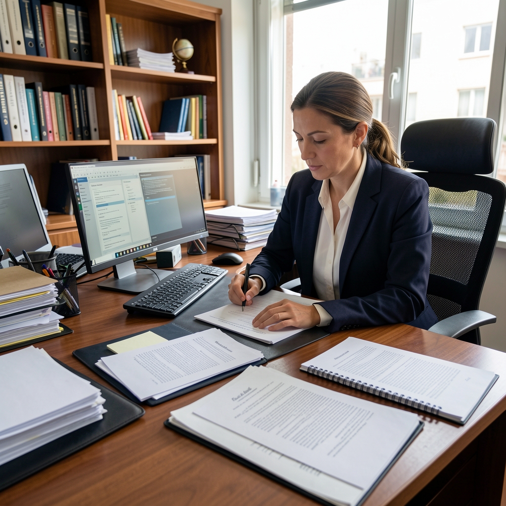 Periodista de investigación revisando documentos físicos y digitales sobre escritorio amplio con múltiples fuentes de información
