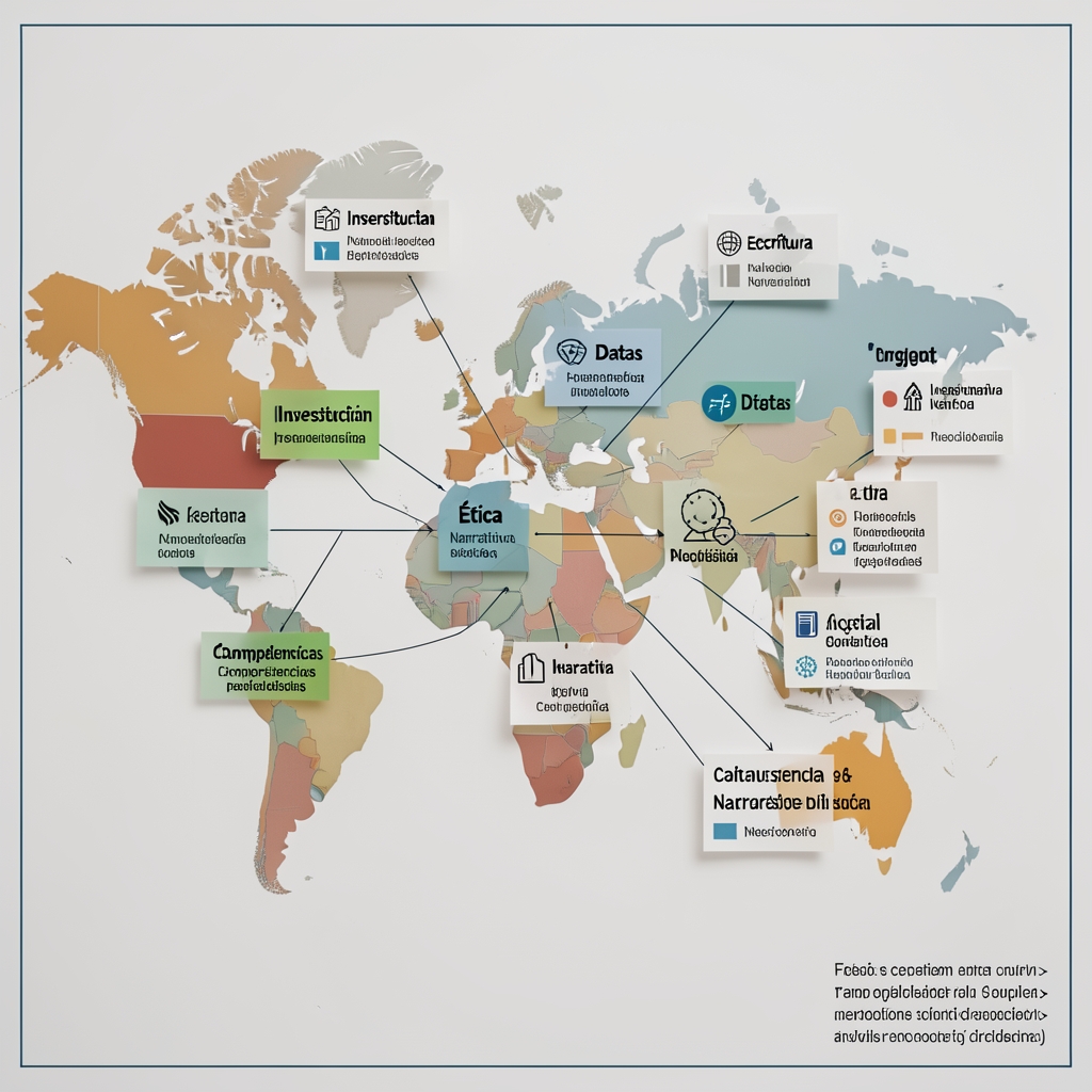 Infografía conceptual con mapa de competencias periodísticas: escritura, investigación, datos, ética y narrativa digital en un esquema visual organizado