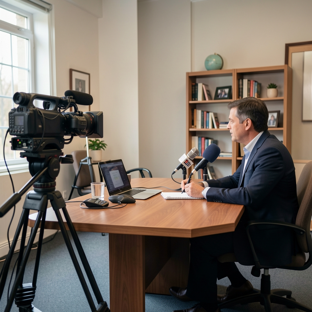 Periodista realizando una entrevista cara a cara con grabadora digital y libreta de apuntes en oficina iluminada de Buenos Aires