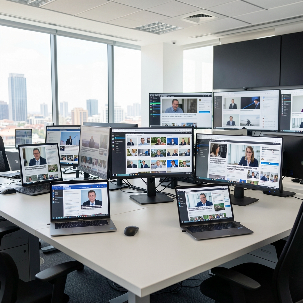 Panorama mediático digital argentino: múltiples plataformas y dispositivos mostrando noticias y análisis en sala de monitoreo