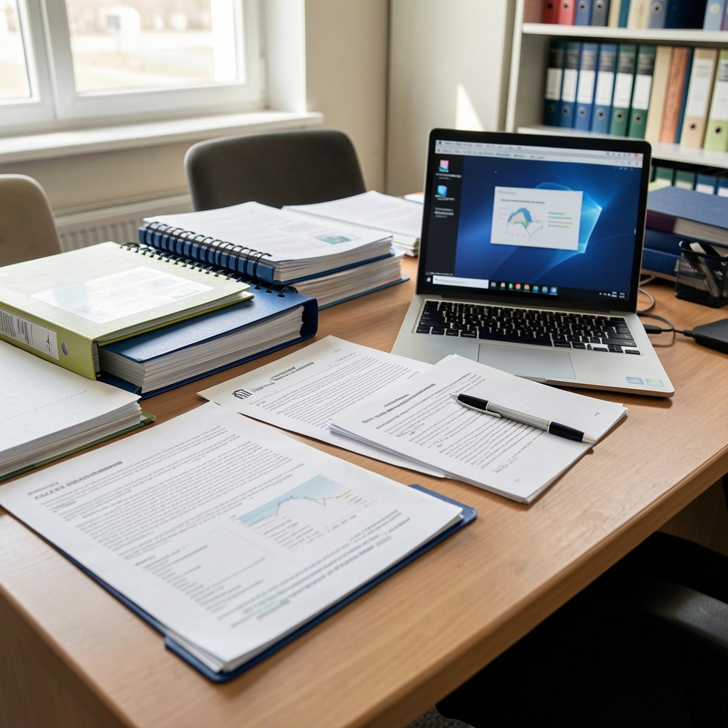 Mesa de trabajo periodístico con documentos de investigación, carpetas clasificadas y computadora portátil