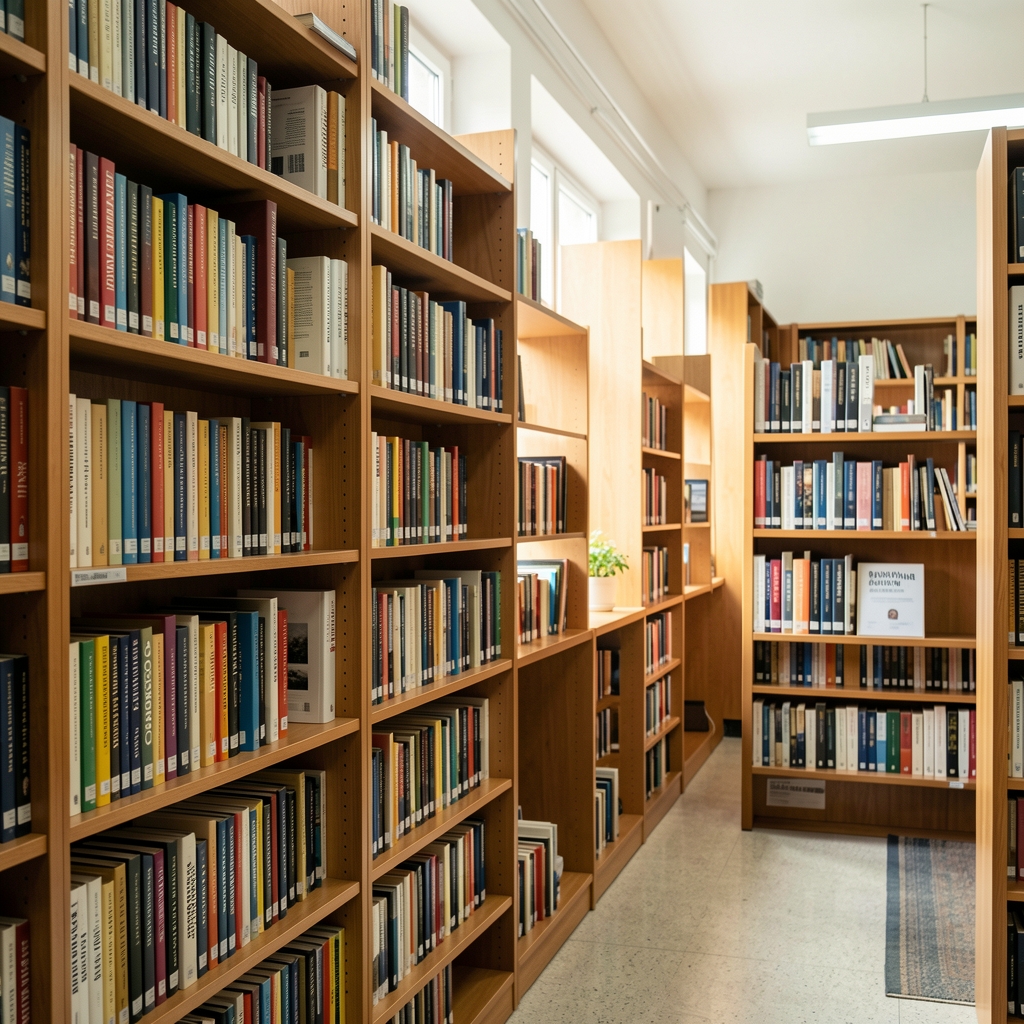 Biblioteca con estanterías llenas de libros de periodismo, comunicación y ciencias sociales en ambiente académico iluminado con luz natural