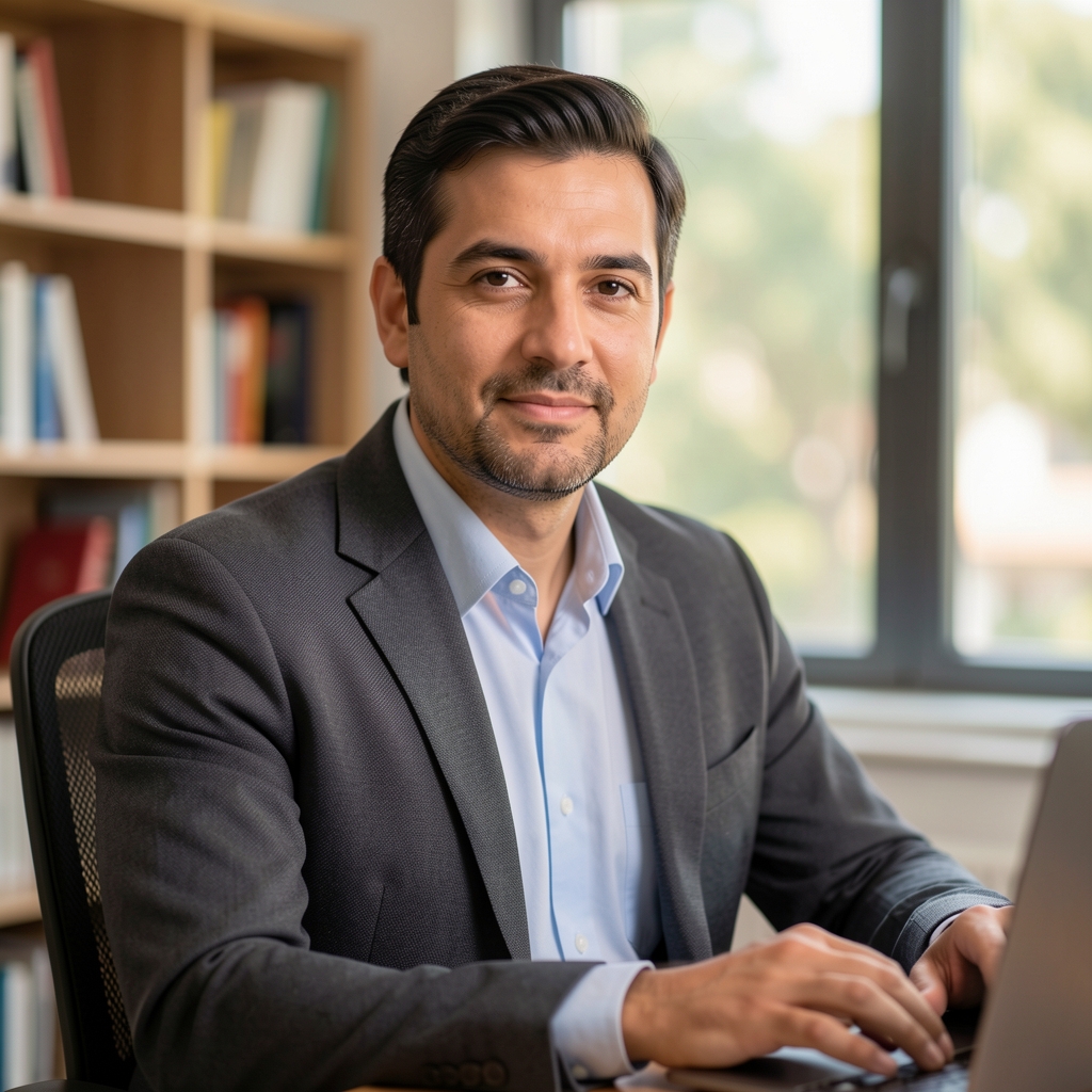 Marcelo Fuentes, editor senior de Carlvex, hombre de mediana edad con aspecto académico, retrato profesional en interiores