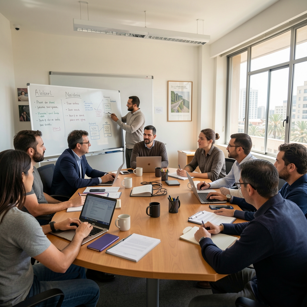 Grupo de periodistas participando activamente en taller presencial de Carlvex con materiales de trabajo y pizarra con apuntes en sala amplia de Mar del Plata